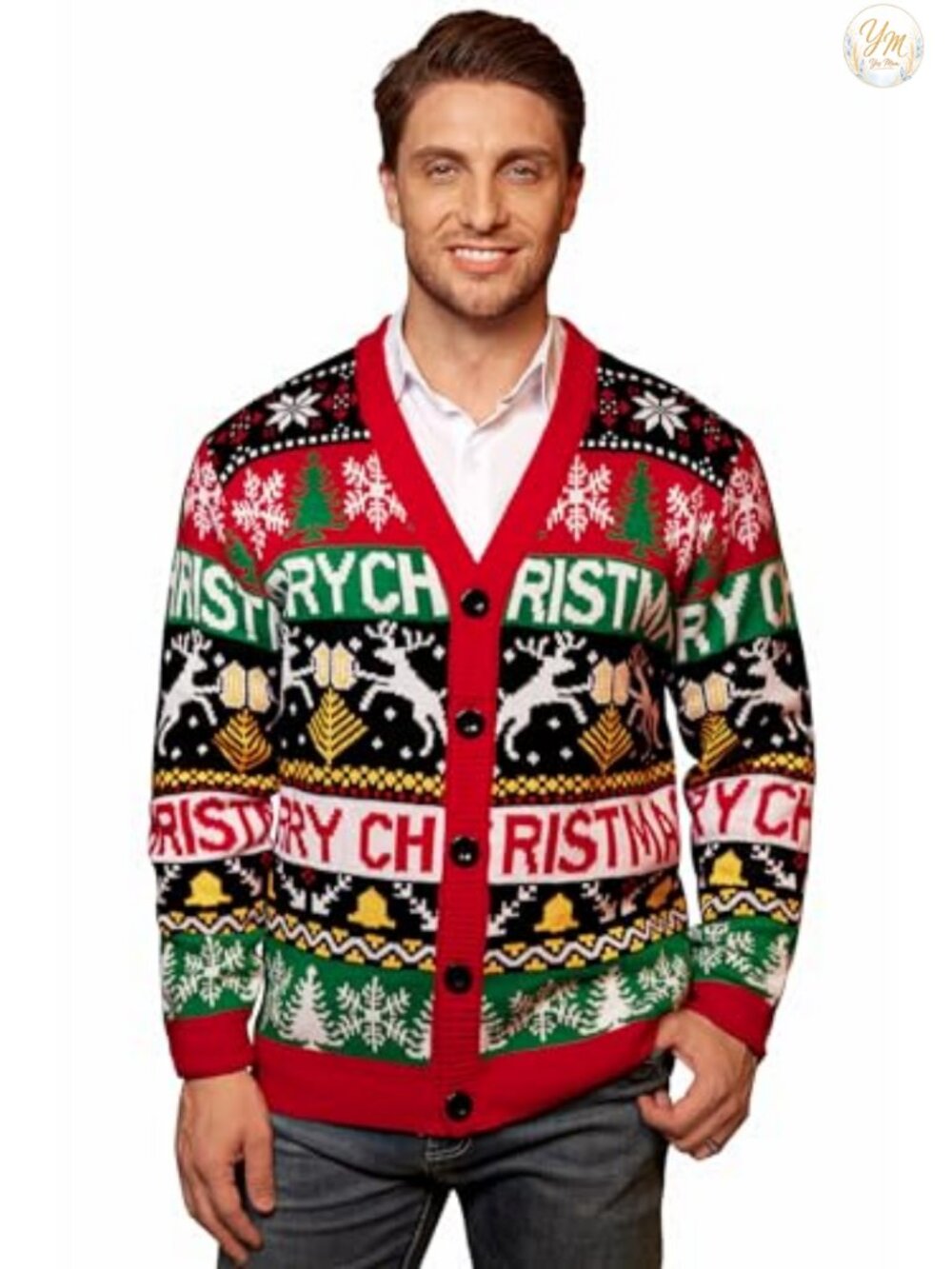 Men's Christmas Cardigan V Neck Button Knitted Sweater Loose Fit